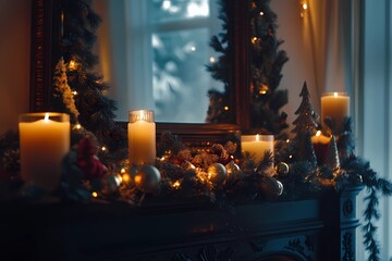 Decorated mantlepiece with Christmas garlands at evening