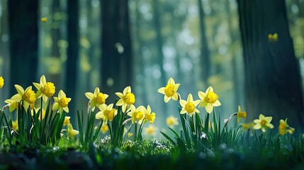 Yellow daffodil flowers growing in a spring forest, natural seasonal background