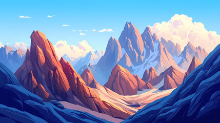 Towering mountain range with craggy peaks seen from a high angle. Craggy. Illustration