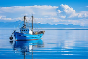 Obraz premium Serenity on the water with a vibrant blue fishing boat against mountain backdrop. Generative AI