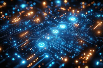 Naklejka premium Futuristic digital circuit board illuminated with blue and orange glowing lights