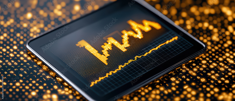 Poster close up of futuristic tablet displaying vibrant financial graph on digital background, showcasing d