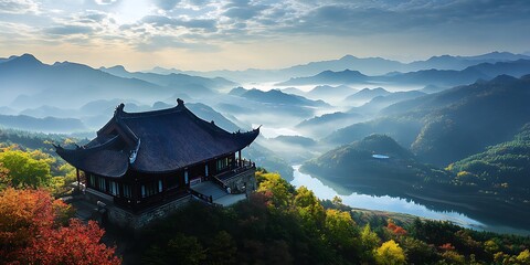 Fototapeta premium Mountaintop Pavilion Overlooking Autumnal Valley Mist