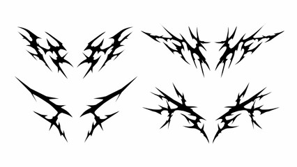 Abstract Tribal hand drawn symmetry shapes. Set of Cyber Gothic Patterns vector Black White Sigil Elements