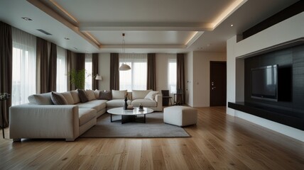 Modern living room with beige sectional sofa, hardwood floors, and large windows.