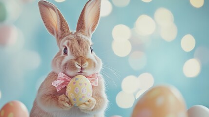 Obraz premium A cute bunny holds a decorated Easter egg against a soft, colorful background filled with pastel eggs and lights.