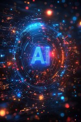 Fototapeta premium Close-up of a futuristic AI logo on a glowing circuit board
