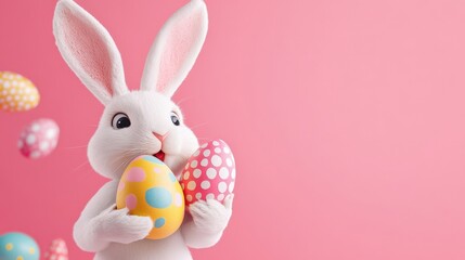 A sweet rabbit playfully holding two decorated Easter eggs with a bright pink background, radiating joy and fun.