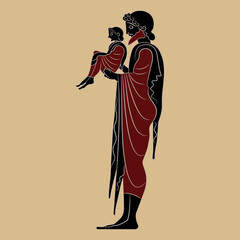 Standing Ancient Greek man holding a child. God Hermes with baby Dionysus. Vase painting style.