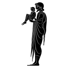 Standing Ancient Greek man holding a child. God Hermes with baby Dionysus. Black and white silhouette. Vase painting style.