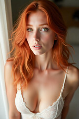 A gorgeous redhead woman, in a sensual pose, in white lingerie