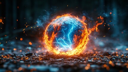Obraz premium Fiery, lightning-struck sphere on dark ground.