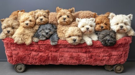 Nine fluffy puppies with various brown, white, and gray fur colors lying closely together on red velvet couch indoors, perfect for pet lover content, animal care blogs, or cozy home decor themes, sof