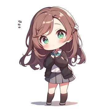 Cute chibi anime girl in school uniform. Concept of kawaii, student, and anime.