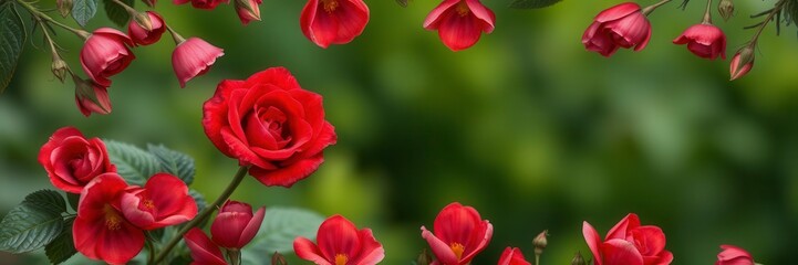 A beautiful frame made of vibrant red rose flowers and green leaves, frame, design