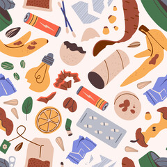 Garbage seamless pattern, waste Sorting, Different Types of Garbage, Paper, Plastics, Metal, Glass, Organic, E-Waste, Vector Illustration