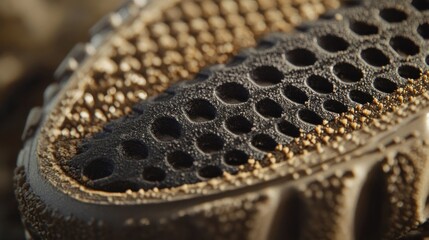 Detailed shot of textured rubber sole, close-up of anti-slip pattern 
