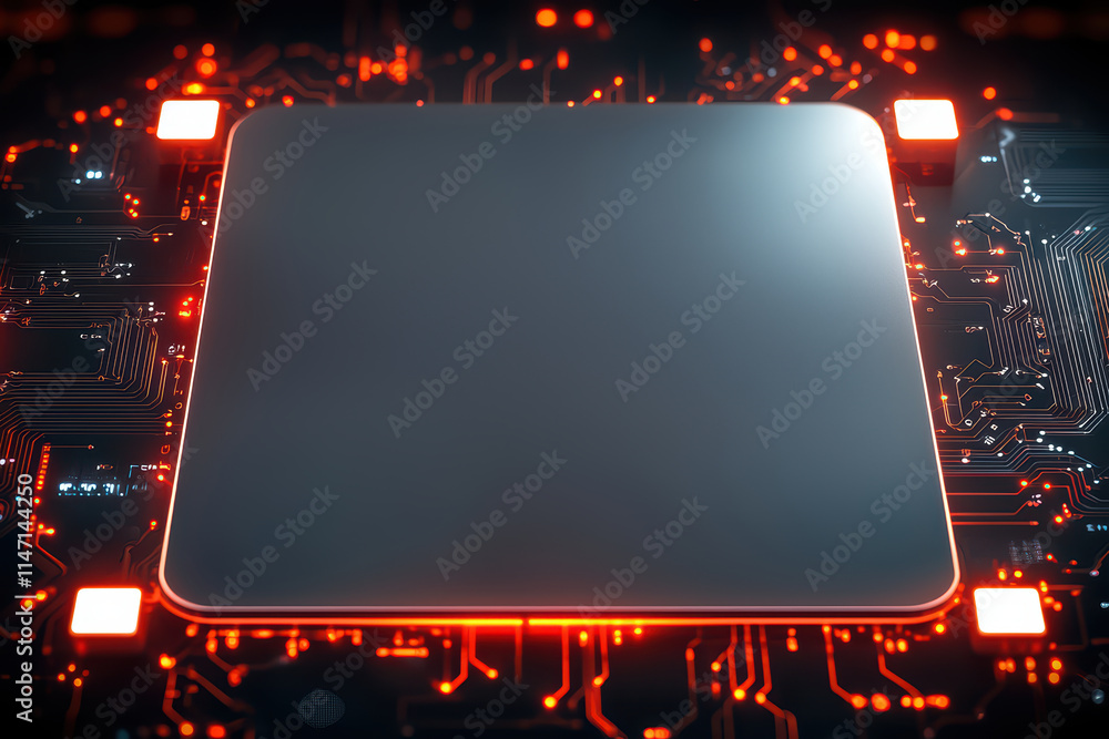 Poster futuristic glowing circuit board with central processing unit, showcasing advanced technology and in