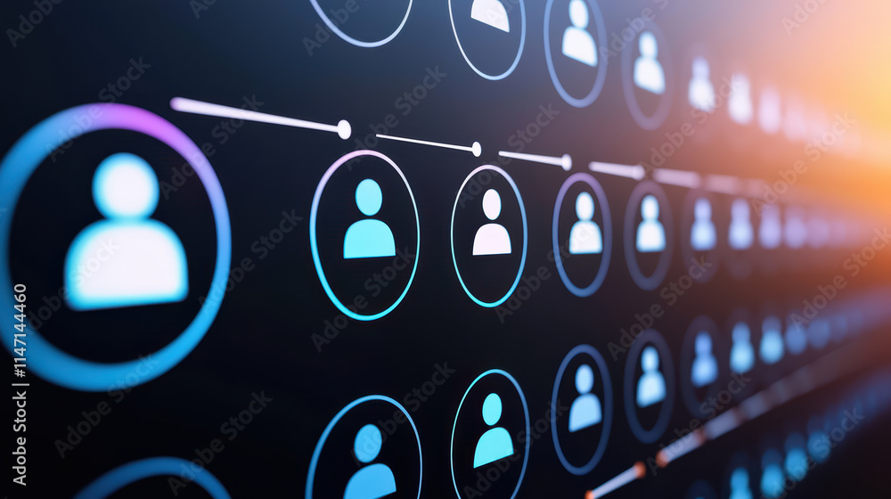 Poster close up of illuminated icons representing user connections in digital network, showcasing modern te