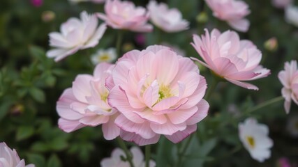 Obraz premium Close-up of delicate pink and white ranunculus flowers blooming in a garden, blooming, close-up, petals
