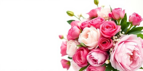 A fresh bouquet of pink peonies and roses arranged beautifully with copy space, romantic, nature, celebration