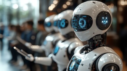 Ethical ai singularity Artificial intelligence Chatbot Hyperautomation Jasper Berkshire Grey Cobot There's An For That Futuristic white robots with blue glowing eyes holding tablets standing in a row