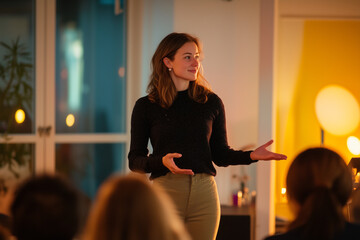 Young woman leading an engaging webinar on startup strategies in a modern setting