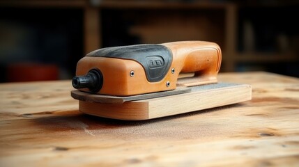 Electric wood sander with ergonomic orange handle sanding wooden surface, woodworking tool for DIY projects, furniture restoration, carpentry workshop background, warm tones, close-up