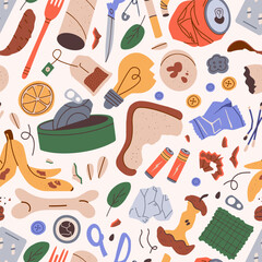 Garbage seamless pattern, waste Sorting, Different Types of Garbage, Paper, Plastics, Metal, Glass, Organic, E-Waste, Vector Illustration