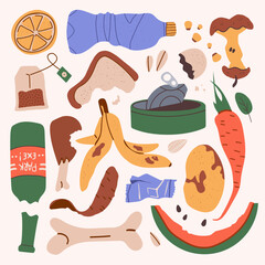 Pile of household garbage lying around. Unsorted food, paper, plastic and electrical waste. Flat vector illustration