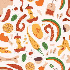 Organic elements seamless pattern. Home food processing, domestic composting. Flat style kitchen scraps and bean card. Eco-friendly concept, Ecological lifestyle