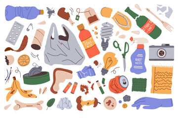 Pile of household garbage lying around. Unsorted food, paper, plastic and electrical waste. Flat vector illustration