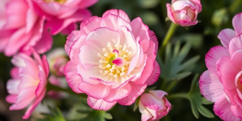 Obraz premium Close up shot of delicate pink and white ranunculus flowers in full bloom, delicate, ranunculus, petals