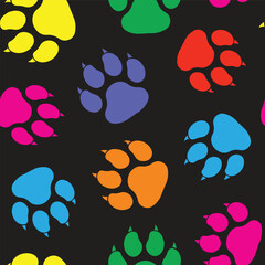 Cute Colorful dog paw prints with claws on black, seamless vector pattern background scrapbook