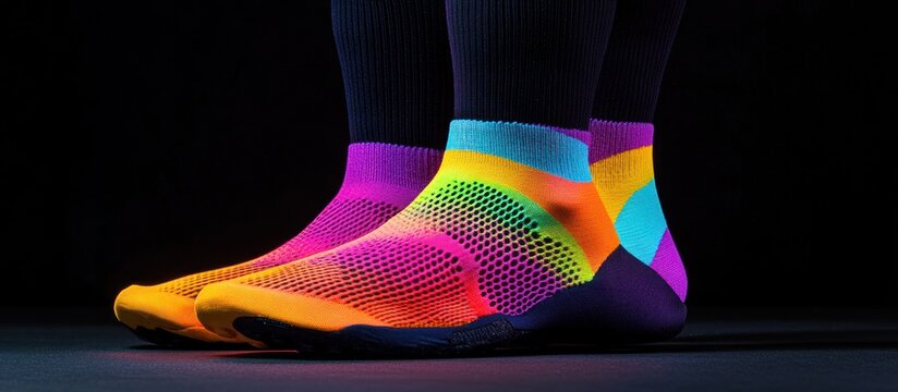 Modern athletic sock with a breathable mesh pattern and reinforced heel, in bold neon colors, on a sleek black background 