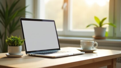 Minimalist Workspace with Laptop and Coffee Cup. Perfect for showcasing modern work-from-home setups, creative spaces, promoting productivity, simplicity in branding or marketing materials.