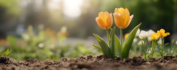 Obraz premium Tulip buds. Gift or postcard for March 8, bouquet of flowers. Spring flowers, picnic, nature. Bright tulips bathed in warm sun rays against the backdrop of a beautiful garden.