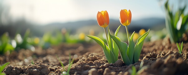 Tulip buds. Gift or postcard for March 8, bouquet of flowers. Spring flowers, picnic, nature. Bright tulips bathed in warm sun rays against the backdrop of a beautiful garden.