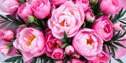 Fototapeta premium Fresh bunch of pink peonies and roses arranged beautifully with space for text, pink, floral