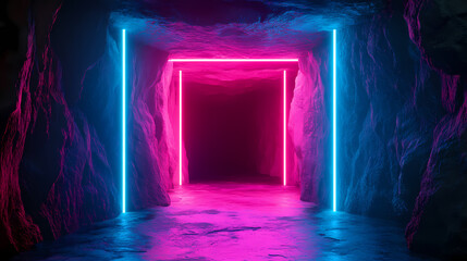 Futuristic neon lighting in dark rocky cave. Craggy. Illustration