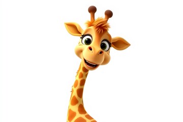 Obraz premium Funny Little Giraffe Cartoon Character with Shiny Eyes and Happy Expression on White Background