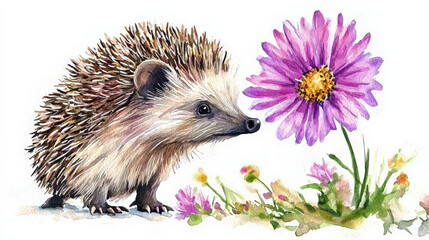 Naklejka premium Watercolor hedgehog sniffing flower in vibrant garden scene