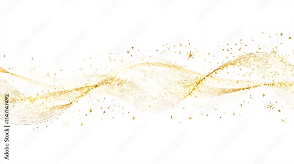 Poster an elegant wave of golden sparkles and soft ribbons on a bright background, creating a festive and m