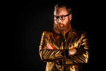 Photo of rich confident businessman wear fashionable outfit arms folded empty space isolated on dark color background