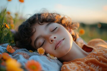 Peaceful young person with curly hair relaxing outdoors in a field of vibrant orange flowers at sunset