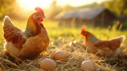 Healthy chickens in a natural farm setting, with freshly laid eggs in straw nests under soft golden light, highlighting organic egg production and nutrition. 