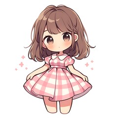 Fototapeta premium Cute chibi girl in a pink gingham dress. Concept of kawaii, adorable, and fashion.