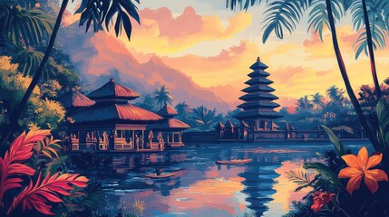 Obraz premium Illustration Of A Travel Poster For A Trip To Bali Island, Generative AI