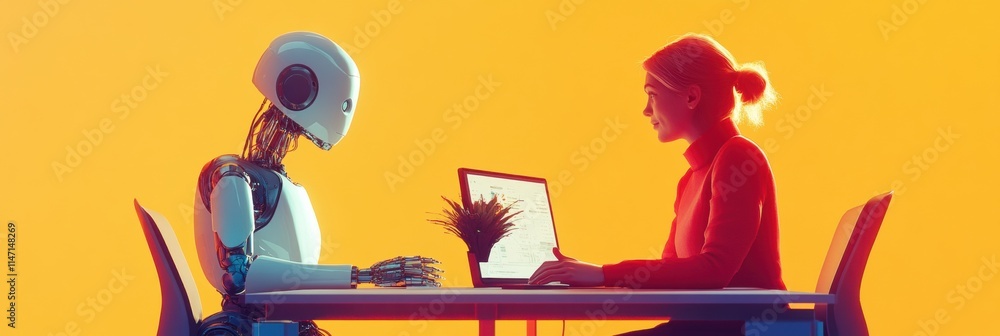 Fototapete Collaboration between human and robot on a technology project in a modern workspace during daytime. Generative AI