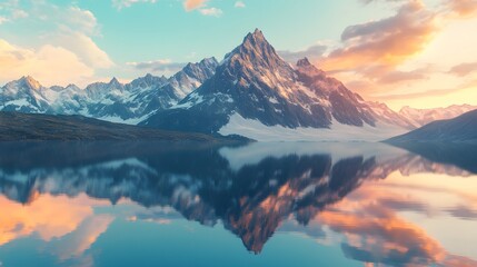 Obraz premium Majestic Mountain Peak Reflecting in Calm Lake at Sunset